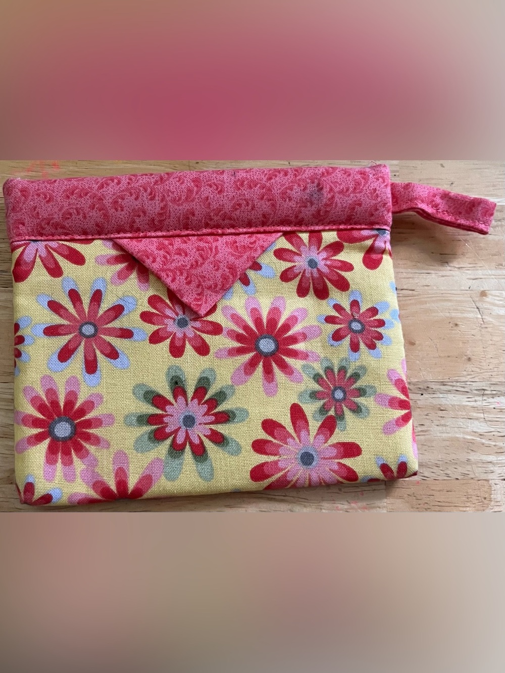 Yellow Floral Cotton Coin Pouch with Pink Trim